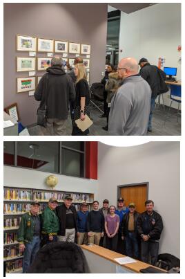 top photo shows kids looking at a display on the wall. Bottom photo shows kids standing in front of a books shelf.