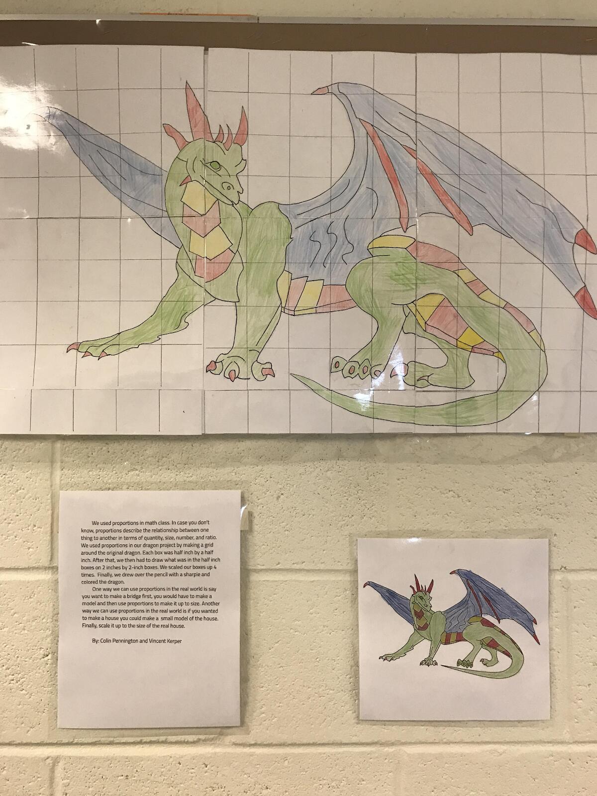 large drawing of a dragon at the top of the photo. Same dragon, but a smaller photo is at the bottom