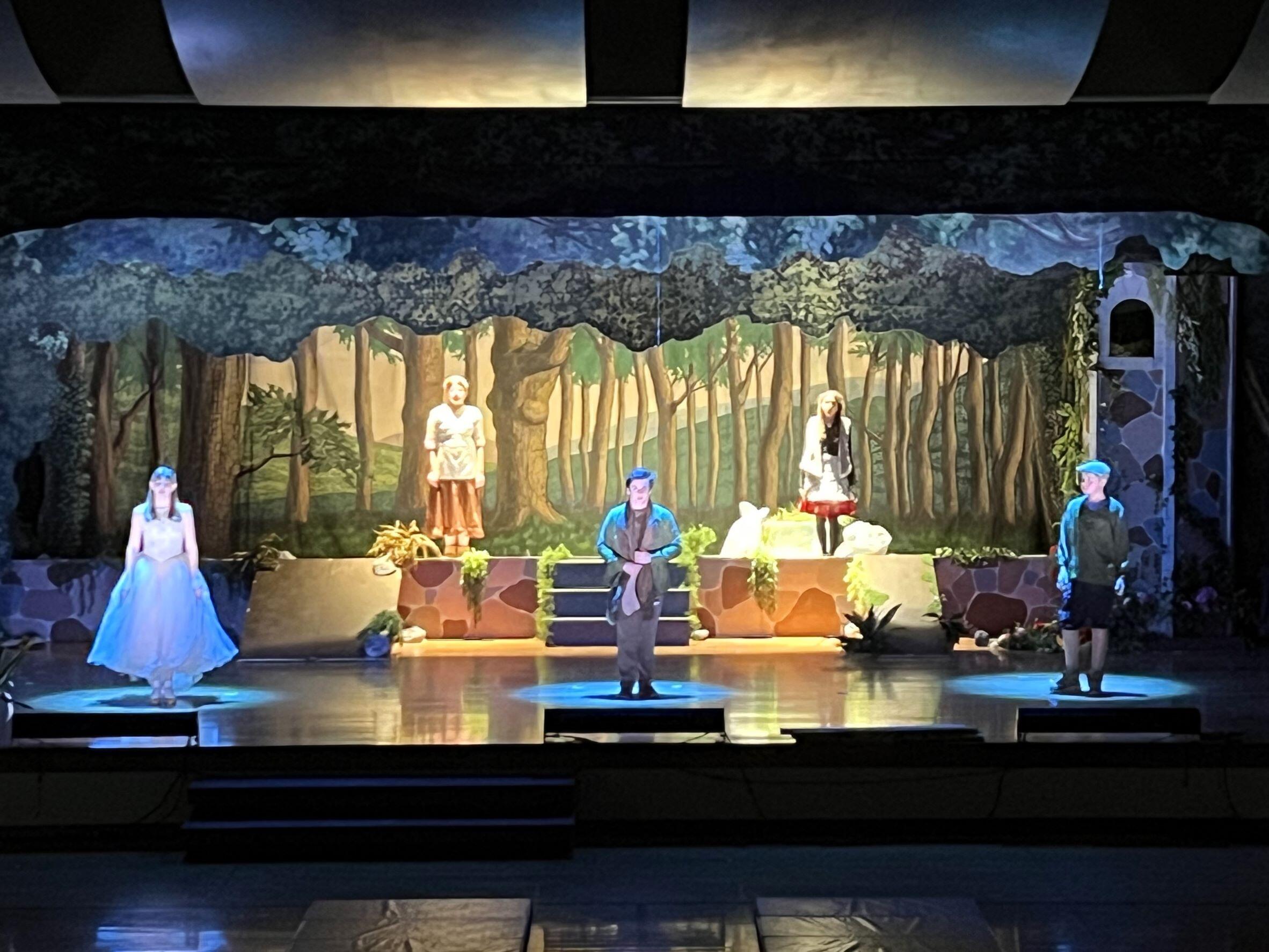 MS- 5 students performing in the play, Into the Woods. There are 2 students in the background, and 3 students in the foreground